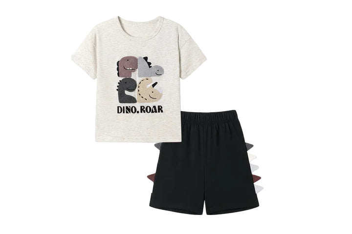 Boys dinosaur print t-shirt and black shorts set on white background