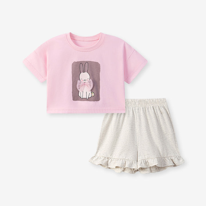 Caroagi Girls Bunny Print Set Pink