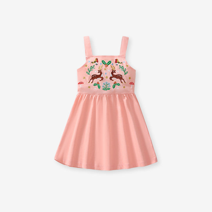 Caroagi Girls Embroidered Deer Dress Pink