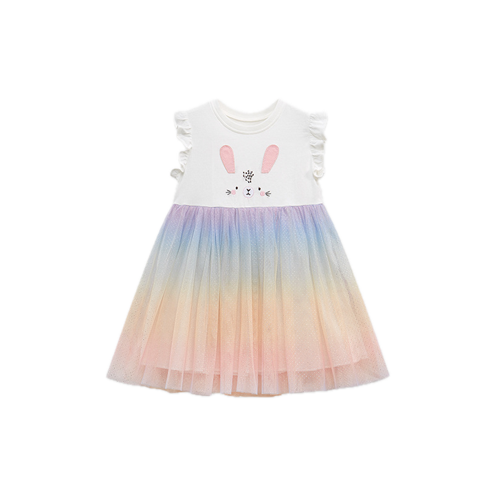 Children's dress with a gradient skirt and bunny design on a white background